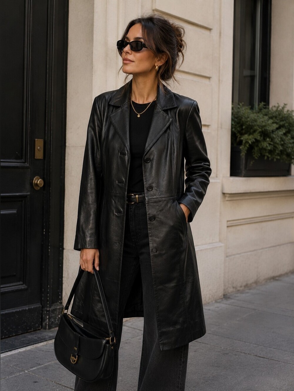 Vntg Chadwicks Women's Black 100% Leather Trench Coat Size M